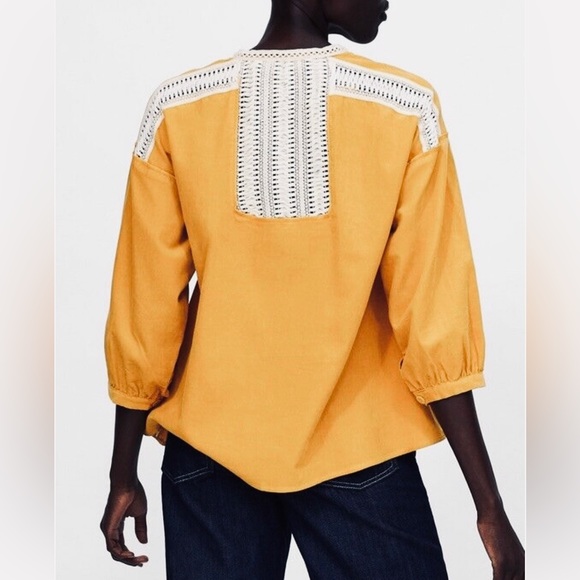 ZARA BASICS Winter Mustard Gold Cotton Corduroy Crochet Button Shirt Blouse Top - Picture 4 of 16